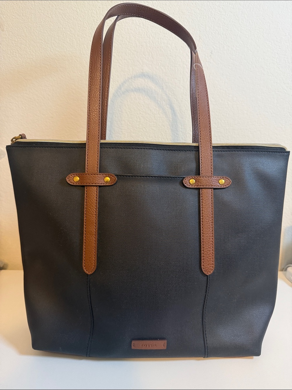 Fossil Black Tote with Brown Leather Straps